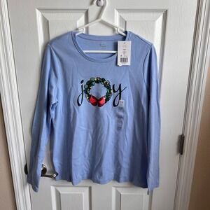 NEW Kim Rogers Christmas Joy Wreath Long Sleeve Top‎ Petite Size P/M